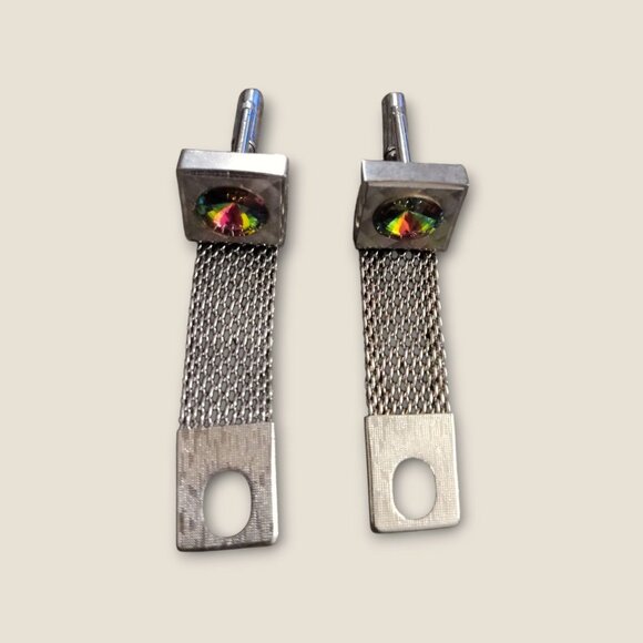 Vintage Estate Mesh  Silver Tone Cufflinks With Watermelon Rhinestone - Picture 6 of 7